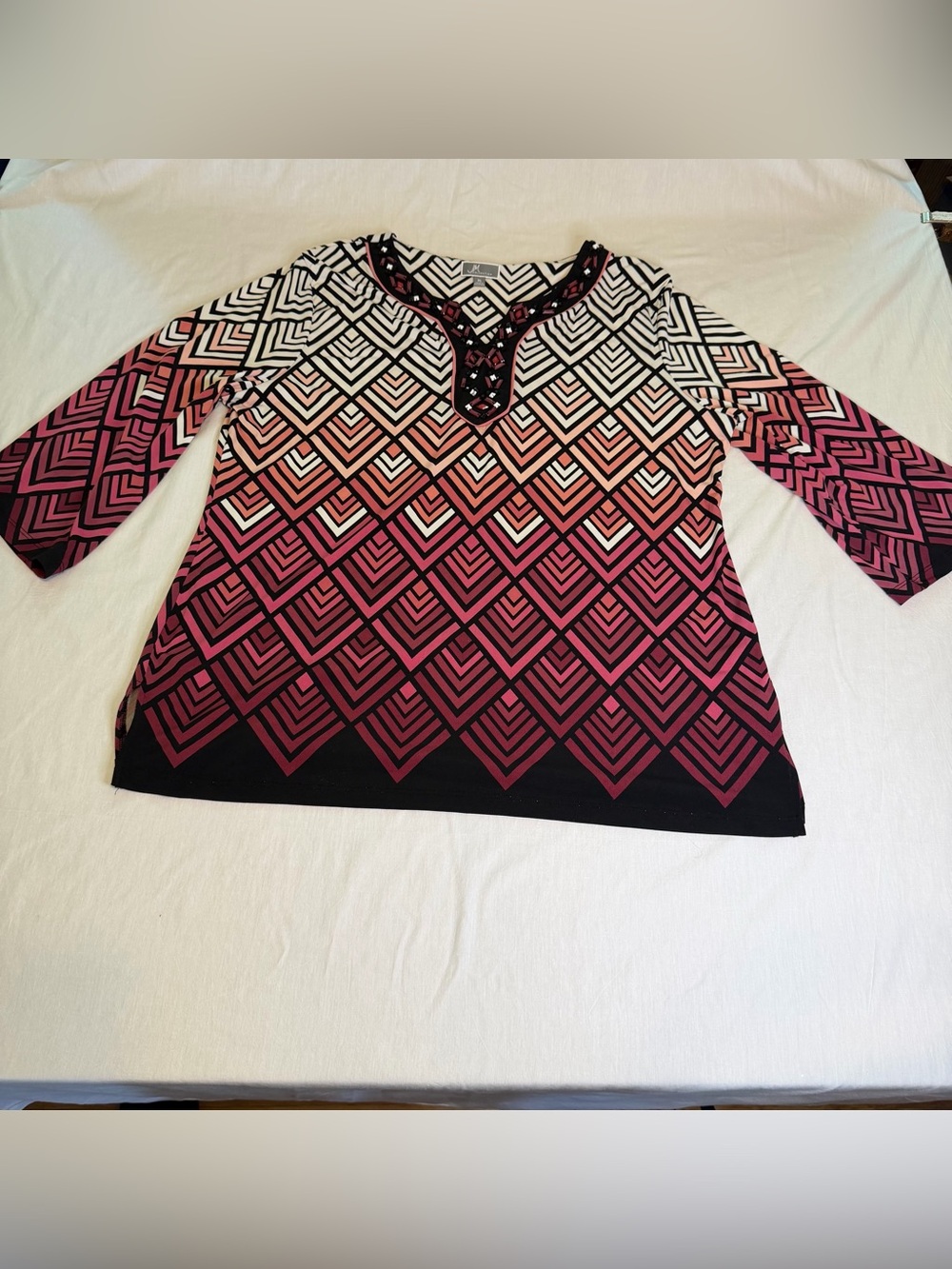 JM Collection Ombre Geometric 3/4 Sleeve Knit Tunic - Pink/Black